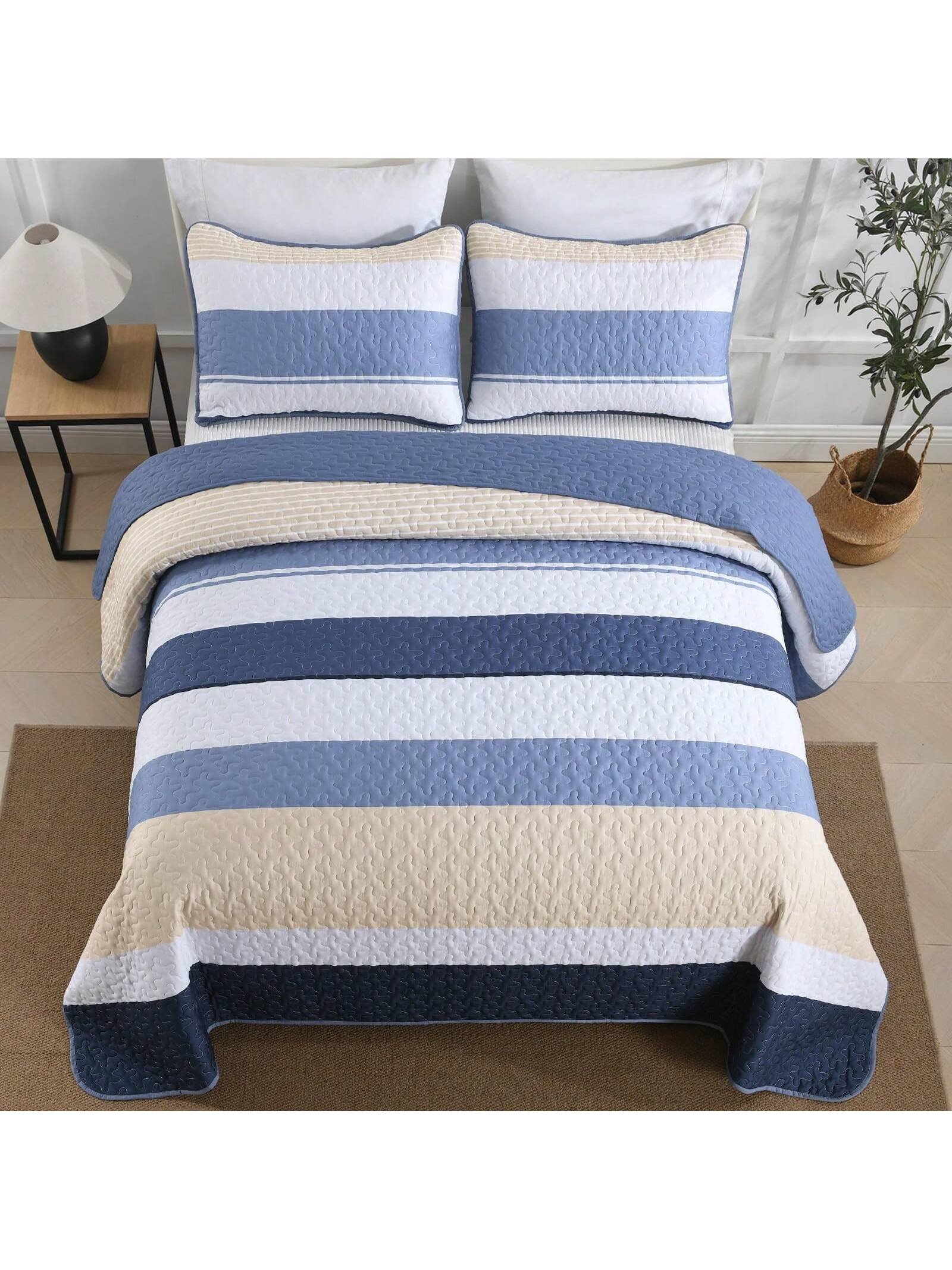 DJY 3 Pieces Orange Striped Quilt Set Queen King California King Size Boho Bedspread Coverlet Bed Set With Two Pillow Covers,Soft Lightweight Microfiber Floral Pattern,Summer Home Bed Room Decor,Wedd