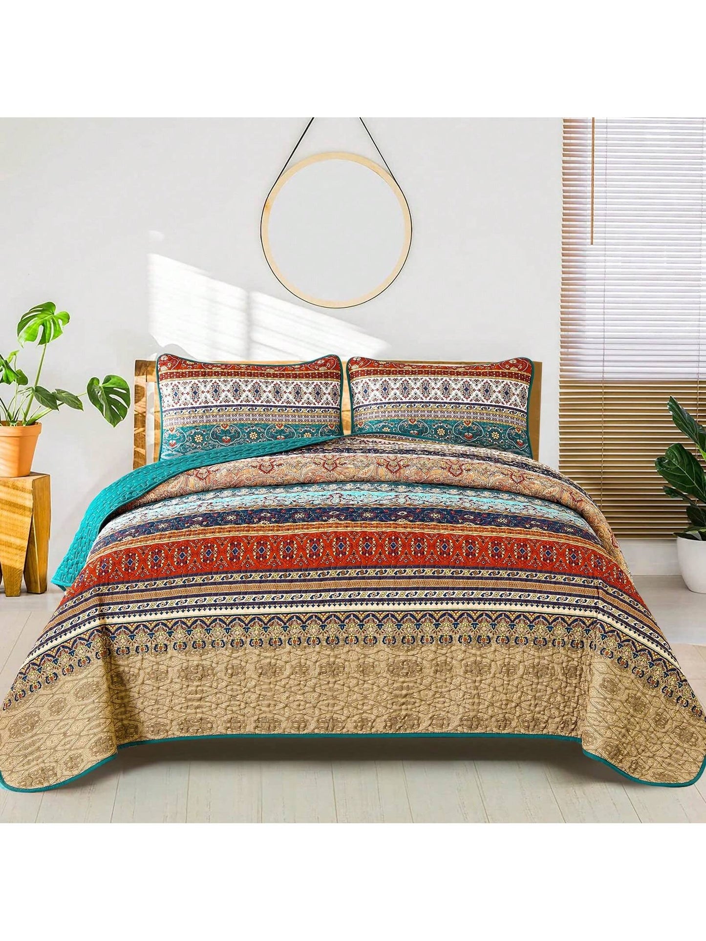 DJY 3 Pieces Orange Striped Quilt Set Queen King California King Size Boho Bedspread Coverlet Bed Set With Two Pillow Covers,Soft Lightweight Microfiber Floral Pattern,Summer Home Bed Room Decor,Wedd