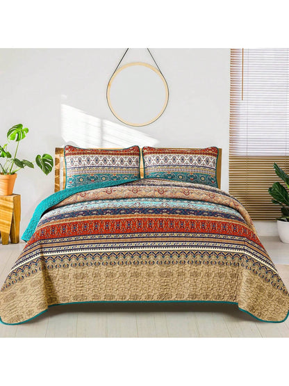 DJY 3 Pieces Orange Striped Quilt Set Queen King California King Size Boho Bedspread Coverlet Bed Set With Two Pillow Covers,Soft Lightweight Microfiber Floral Pattern,Summer Home Bed Room Decor,Wedd