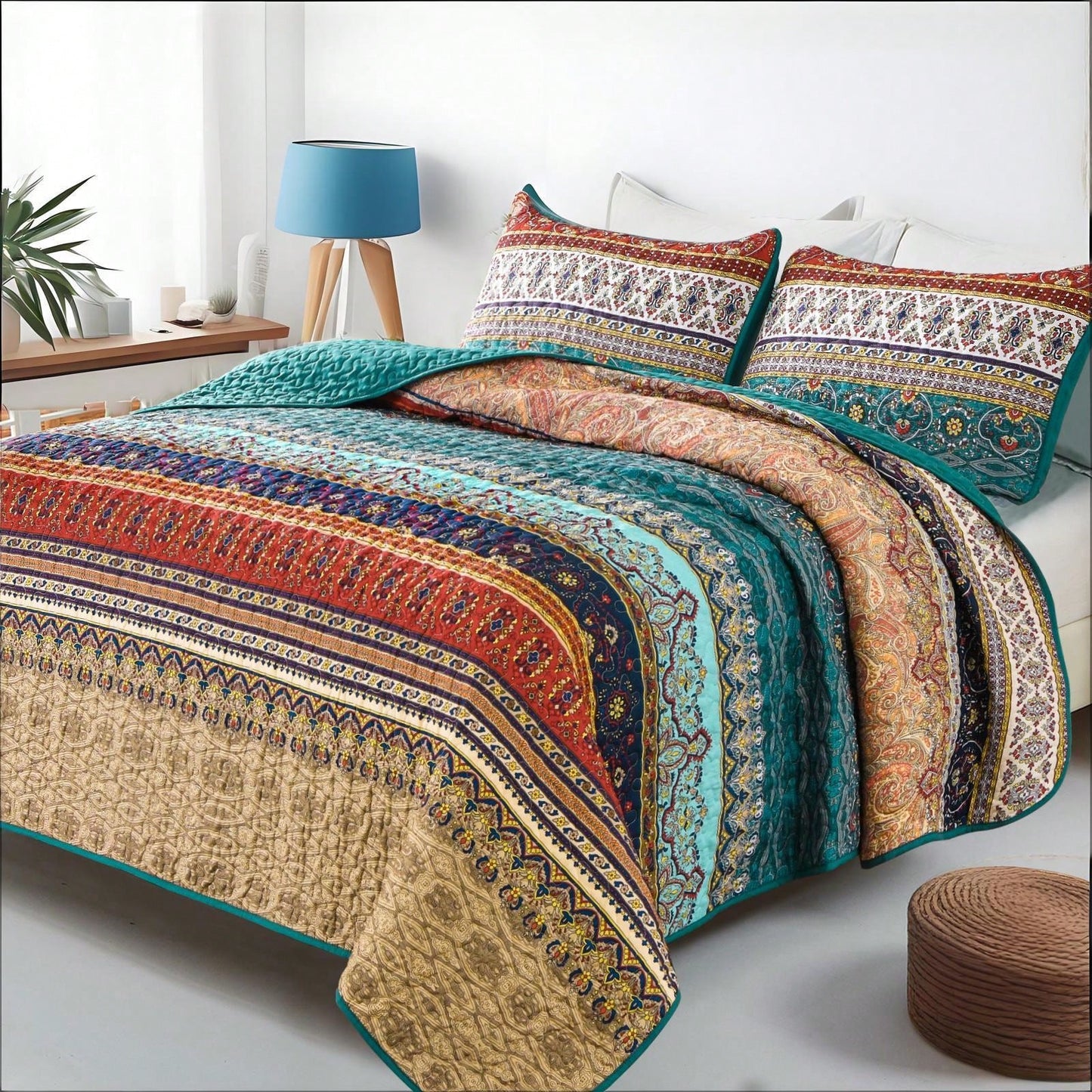 DJY 3 Pieces Orange Striped Quilt Set Queen King California King Size Boho Bedspread Coverlet Bed Set With Two Pillow Covers,Soft Lightweight Microfiber Floral Pattern,Summer Home Bed Room Decor,Wedd