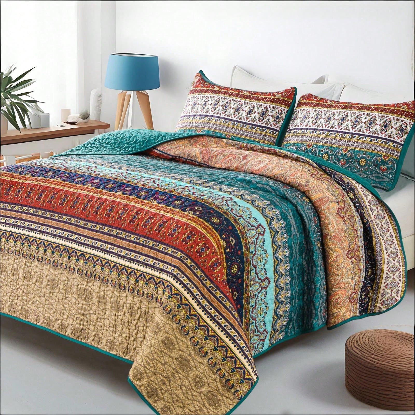DJY 3 Pieces Orange Striped Quilt Set Queen King California King Size Boho Bedspread Coverlet Bed Set With Two Pillow Covers,Soft Lightweight Microfiber Floral Pattern,Summer Home Bed Room Decor,Wedd