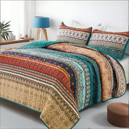 DJY 3 Pieces Orange Striped Quilt Set Queen King California King Size Boho Bedspread Coverlet Bed Set With Two Pillow Covers,Soft Lightweight Microfiber Floral Pattern,Summer Home Bed Room Decor,Wedd