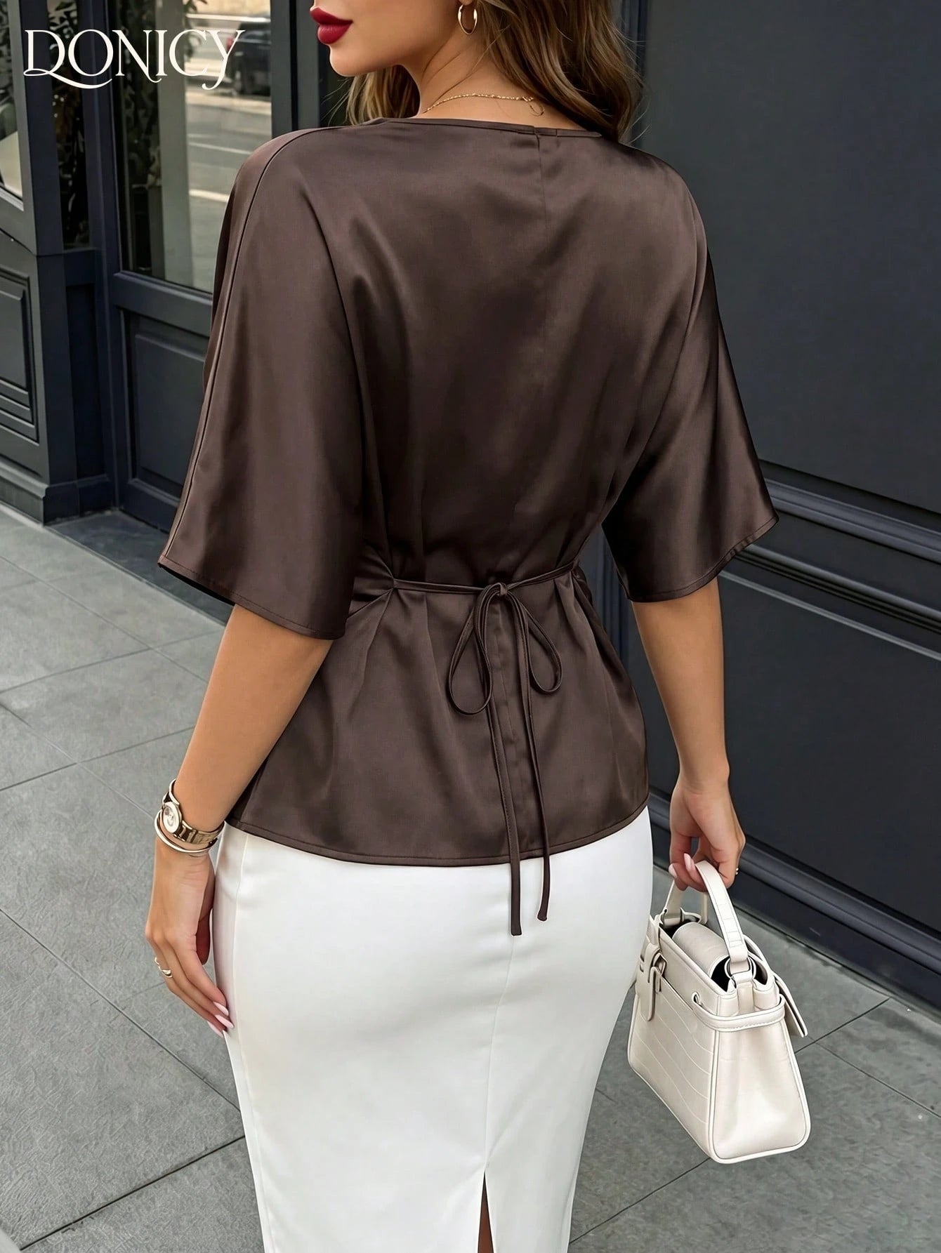 DONICY Women's Brown Flowy Shirt, Tie Waist, Round Neck, Fashionable Casual Top
