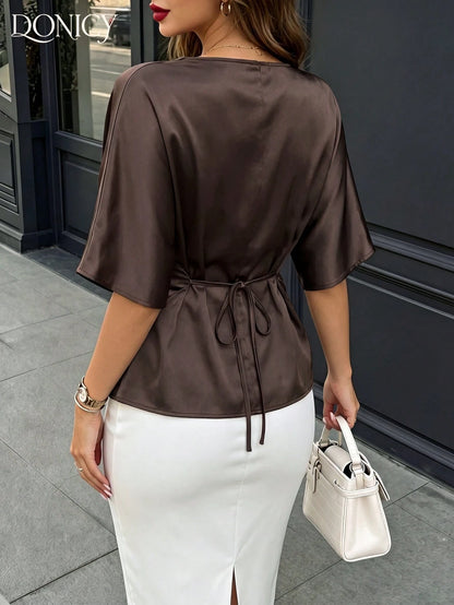 DONICY Women's Brown Flowy Shirt, Tie Waist, Round Neck, Fashionable Casual Top