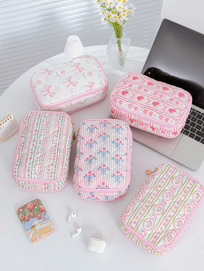 Double-Layer Digital Storage Bag Large Capacity Digital Bag Foam Quilted Charger Case Ditsy Floral Pattern Electronic Data Cable Organizer Storage Bag