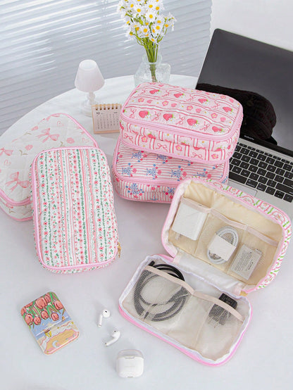 Double-Layer Digital Storage Bag Large Capacity Digital Bag Foam Quilted Charger Case Ditsy Floral Pattern Electronic Data Cable Organizer Storage Bag