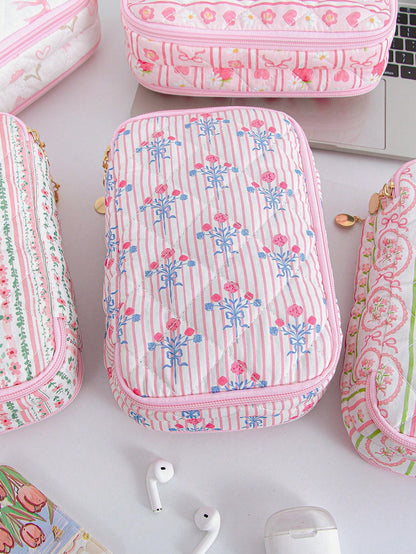 Double-Layer Digital Storage Bag Large Capacity Digital Bag Foam Quilted Charger Case Ditsy Floral Pattern Electronic Data Cable Organizer Storage Bag