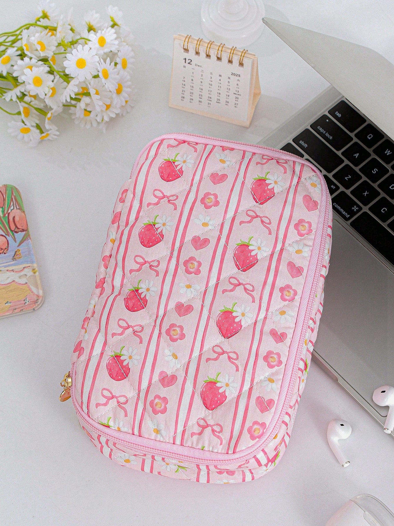 Double-Layer Digital Storage Bag Large Capacity Digital Bag Foam Quilted Charger Case Ditsy Floral Pattern Electronic Data Cable Organizer Storage Bag
