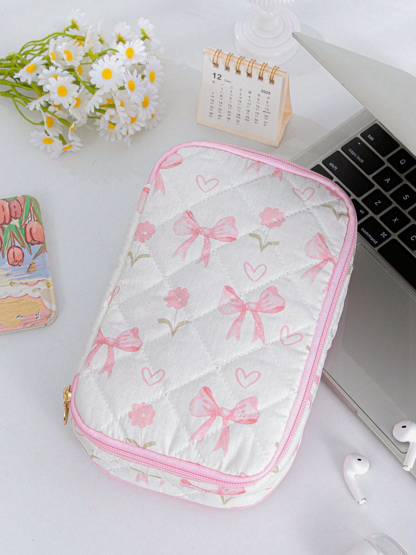 Double-Layer Digital Storage Bag Large Capacity Digital Bag Foam Quilted Charger Case Ditsy Floral Pattern Electronic Data Cable Organizer Storage Bag