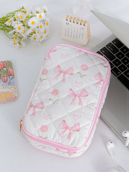 Double-Layer Digital Storage Bag Large Capacity Digital Bag Foam Quilted Charger Case Ditsy Floral Pattern Electronic Data Cable Organizer Storage Bag