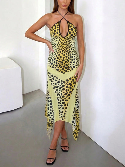 DOUCIU Summer Leopard Print Backless Fitted Spaghetti Strap Dress For Party, Nightclub And Events
