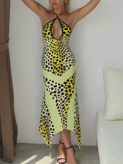 DOUCIU Summer Leopard Print Backless Fitted Spaghetti Strap Dress For Party, Nightclub And Events