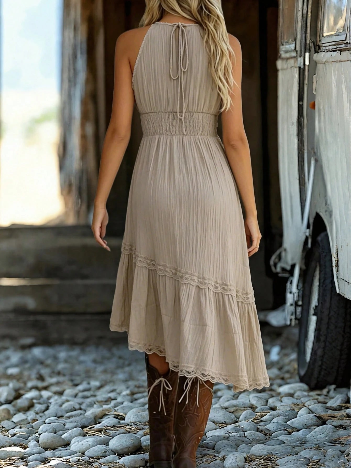 Dresses For WomenBohemian Vintage Spaghetti Strap Midi Dress, Lace Ruffle Hem, Summer Beach Party Wedding Guest Dress, Women's Country Music