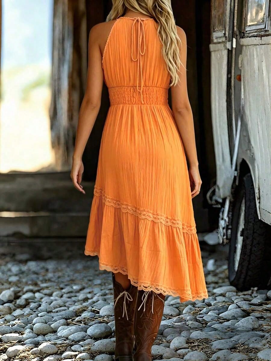 Dresses For WomenBohemian Vintage Spaghetti Strap Midi Dress, Lace Ruffle Hem, Summer Beach Party Wedding Guest Dress, Women's Country Music