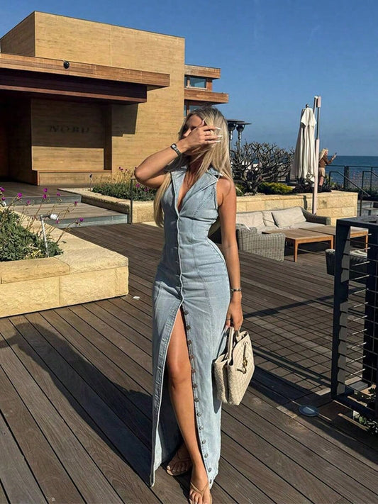 Dresses For WomenSummer New Women's Light Blue Sexy Button Denim Long DressLoose And Comfortablevestidos De Mujer