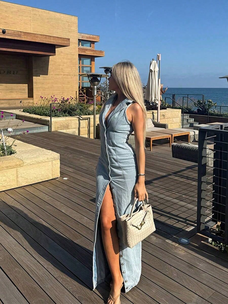 Dresses For WomenSummer New Women's Light Blue Sexy Button Denim Long DressLoose And Comfortablevestidos De Mujer