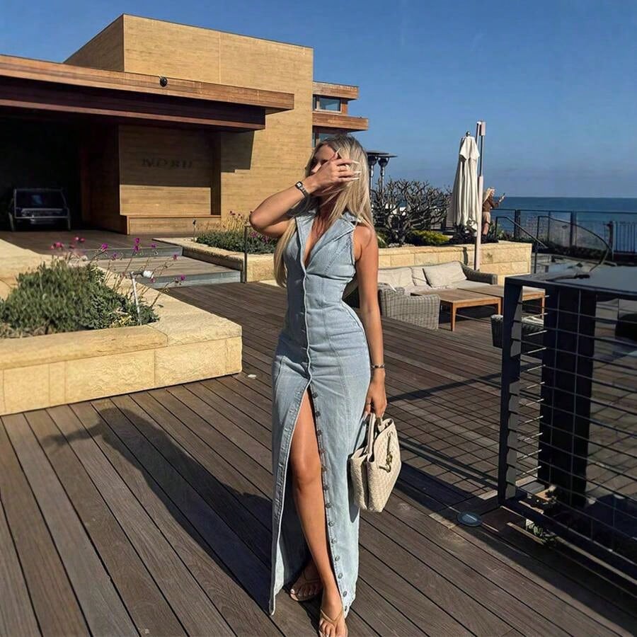 Dresses For WomenSummer New Women's Light Blue Sexy Button Denim Long DressLoose And Comfortablevestidos De Mujer