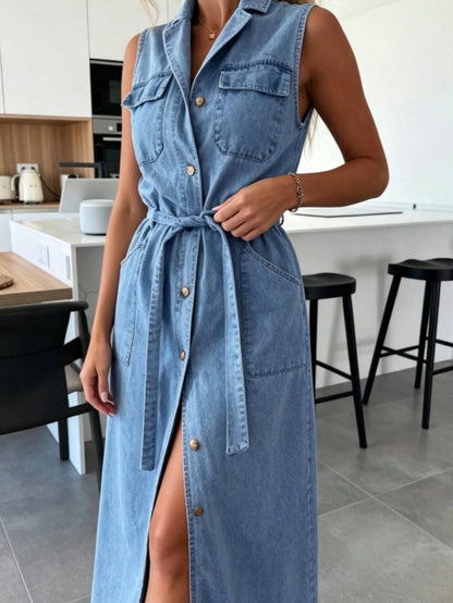 Dresses For WomenSummer New Women's Light Blue Sexy Button Denim Long DressLoose And Comfortablevestidos De Mujer