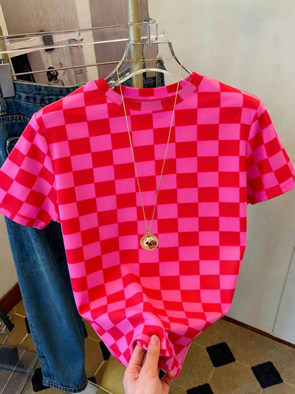 DrmWander Women's T-Shirt, Casual Street Wear Y2k Street Style Graphic Short Sleeve T-Shirt, Cute Summer Top Everyday Red Checkered
