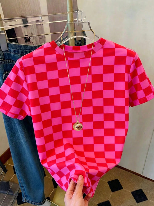 DrmWander Women's T-Shirt, Casual Street Wear Y2k Street Style Graphic Short Sleeve T-Shirt, Cute Summer Top Everyday Red Checkered