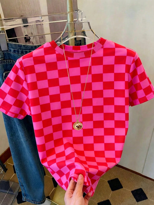 DrmWander Women's T-Shirt, Casual Street Wear Y2k Street Style Graphic Short Sleeve T-Shirt, Cute Summer Top Everyday Red Checkered