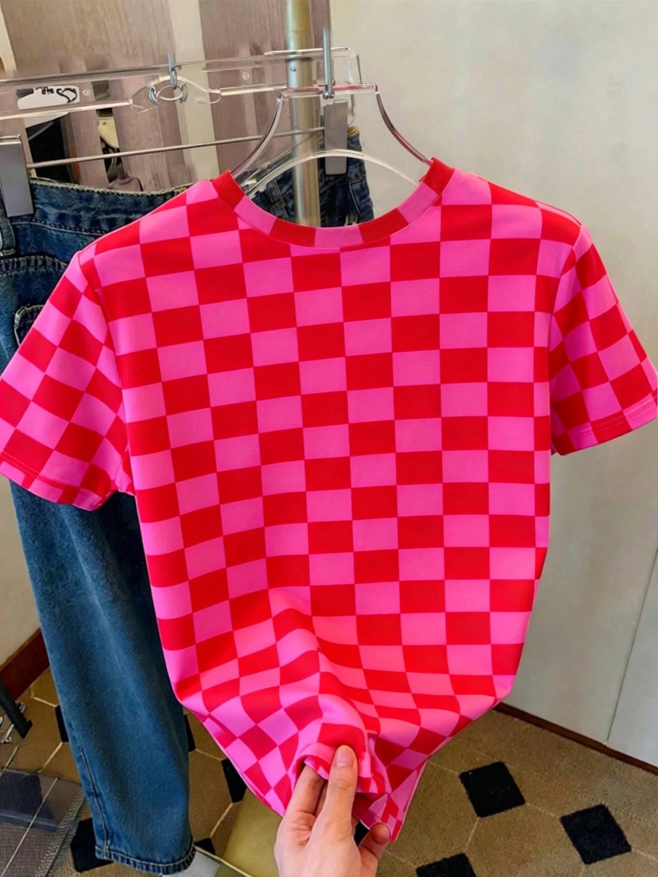 DrmWander Women's T-Shirt, Casual Street Wear Y2k Street Style Graphic Short Sleeve T-Shirt, Cute Summer Top Everyday Red Checkered