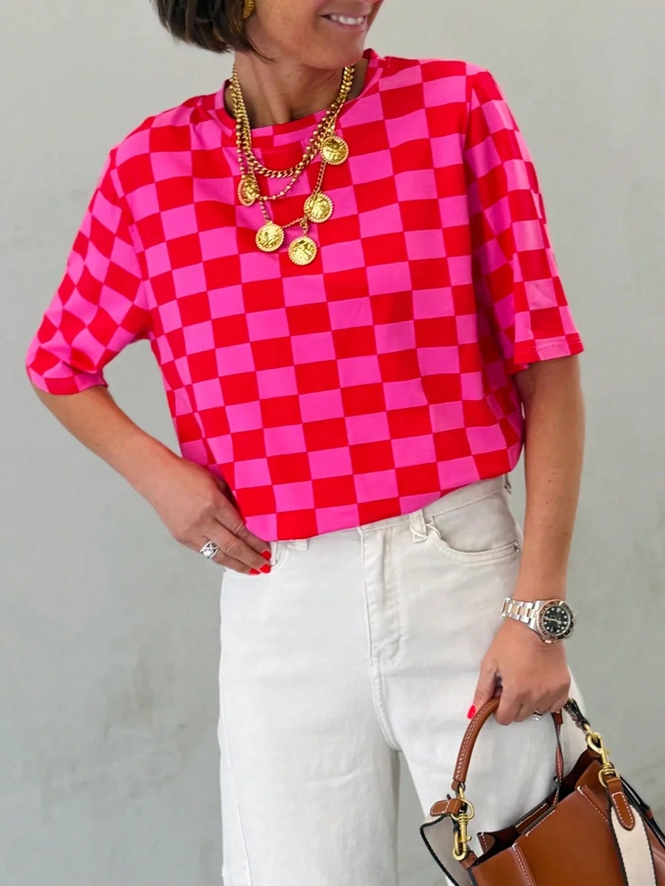 DrmWander Women's T-Shirt, Casual Street Wear Y2k Street Style Graphic Short Sleeve T-Shirt, Cute Summer Top Everyday Red Checkered