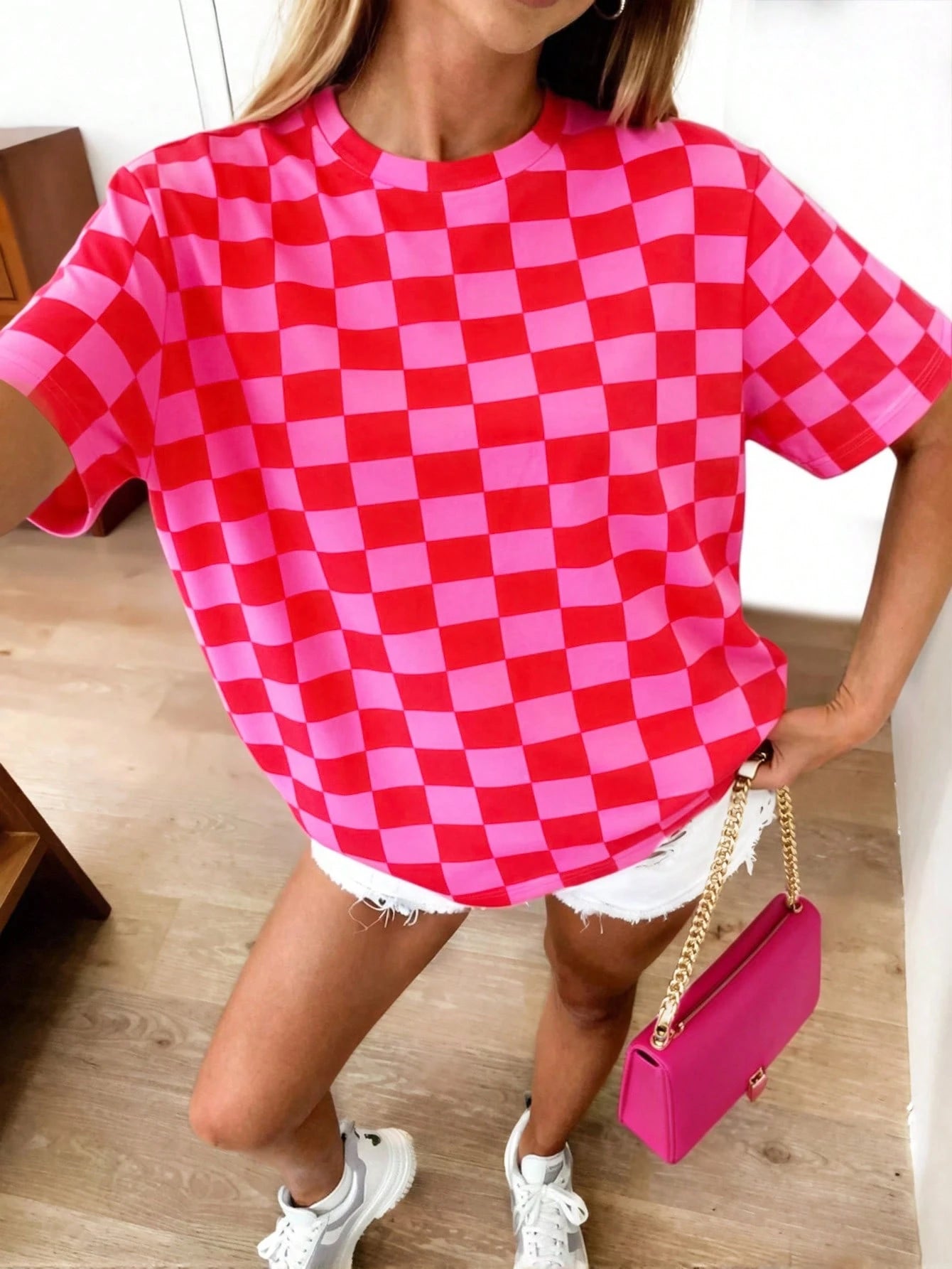 DrmWander Women's T-Shirt, Casual Street Wear Y2k Street Style Graphic Short Sleeve T-Shirt, Cute Summer Top Everyday Red Checkered