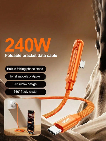 Durcord 2-In-1 240W(Max) Fast Charging Foldable Stand Data Cable, Orange/Black And Orange Phone Charger/Car Charger Accessory, Nylon Braided Fast Charging Cable, Foldable Phone/Tablet Stand Type-C To