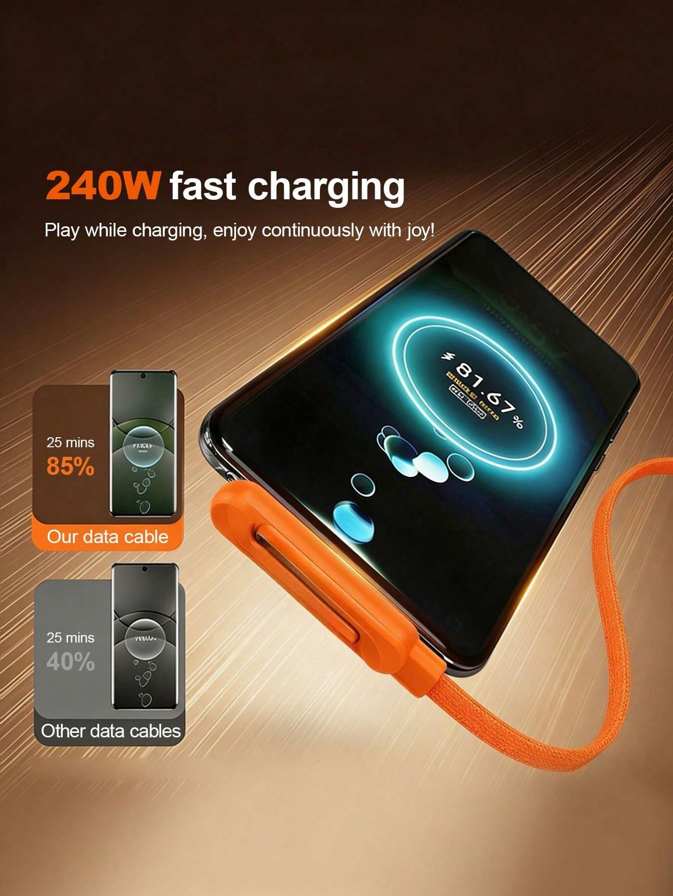 Durcord 2-In-1 240W(Max) Fast Charging Foldable Stand Data Cable, Orange/Black And Orange Phone Charger/Car Charger Accessory, Nylon Braided Fast Charging Cable, Foldable Phone/Tablet Stand Type-C To