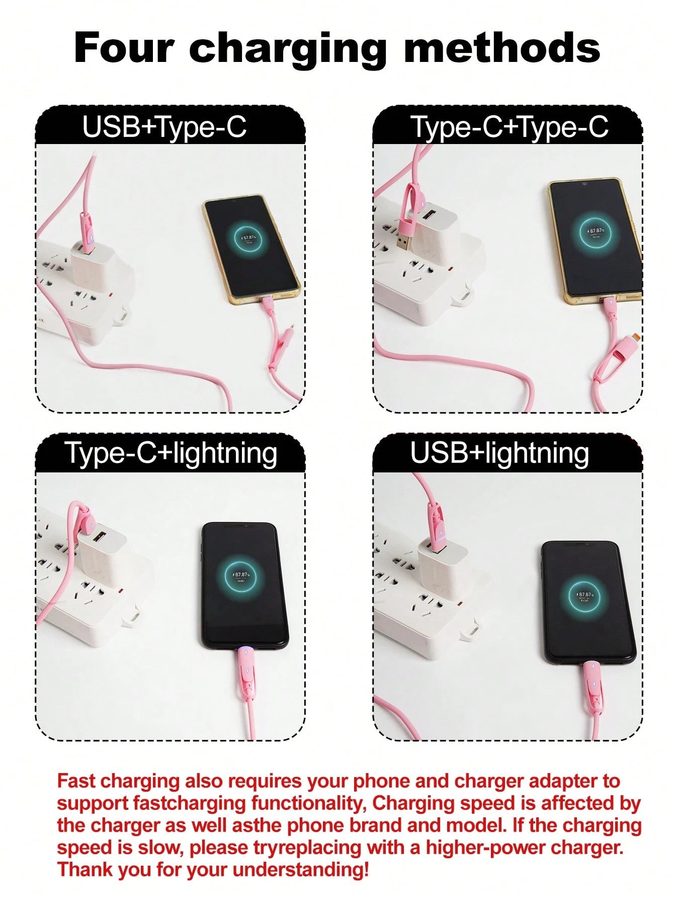 Durcord 4-In-1 66W/100W(Max)/27W Fast Charging Cable, Compatible With Phones, Silicone Charging Cable, Android/Type-C USB Devices, Portable Charger, Charging Cable Compatible With IPhone 17/16/15/14/1