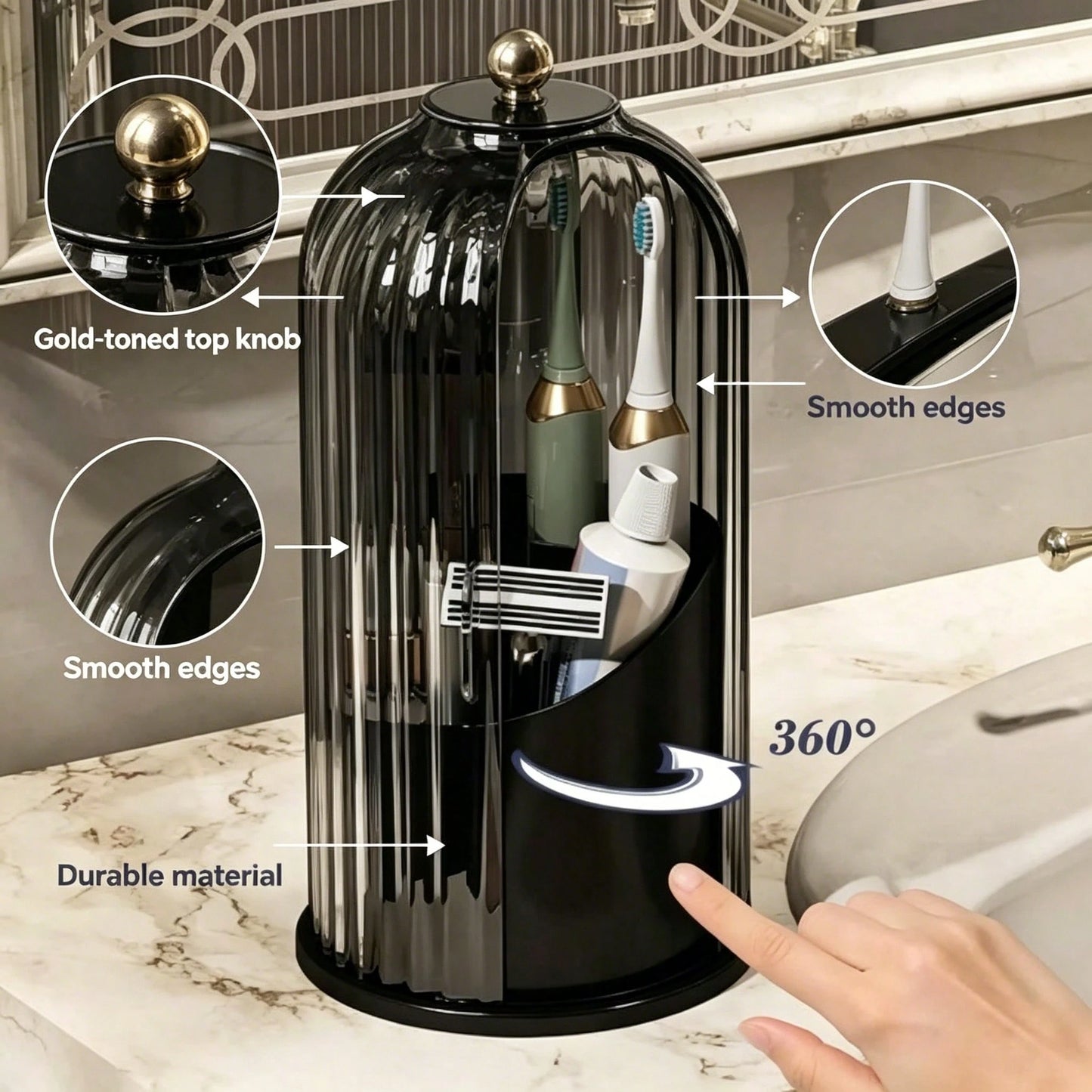 Dustproof Anti-Bacterial Toothbrush Holders With Cover,360° Rotating 3-Slot Organizer For Multi-Person Family Use,Holds Toothbrushes,Toothpaste&Makeup Brushes,Ideal For Bathroom Countertop,Vanity Tabl