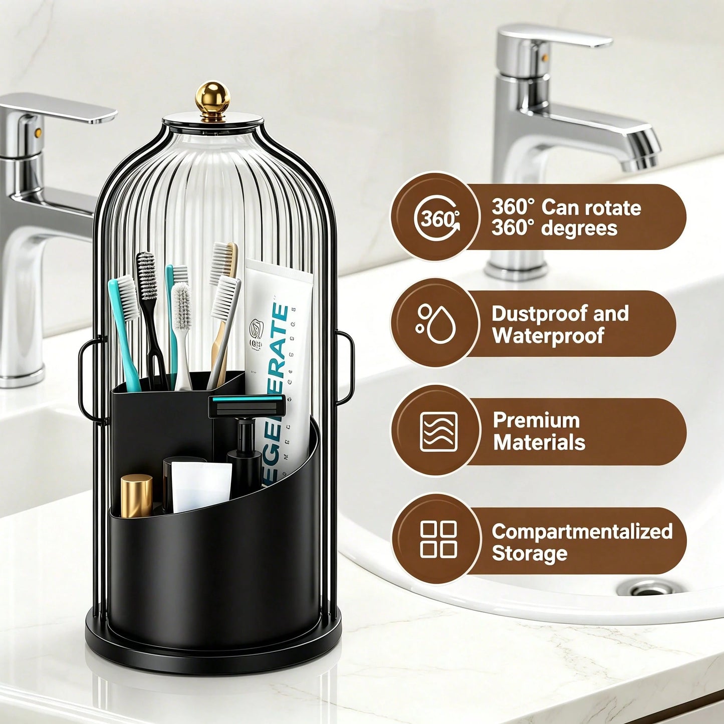 Dustproof Anti-Bacterial Toothbrush Holders With Cover,360° Rotating 3-Slot Organizer For Multi-Person Family Use,Holds Toothbrushes,Toothpaste&Makeup Brushes,Ideal For Bathroom Countertop,Vanity Tabl