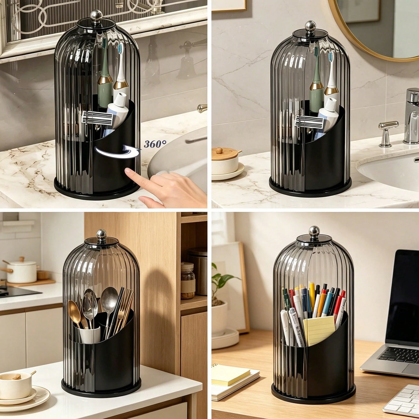 Dustproof Anti-Bacterial Toothbrush Holders With Cover,360° Rotating 3-Slot Organizer For Multi-Person Family Use,Holds Toothbrushes,Toothpaste&Makeup Brushes,Ideal For Bathroom Countertop,Vanity Tabl