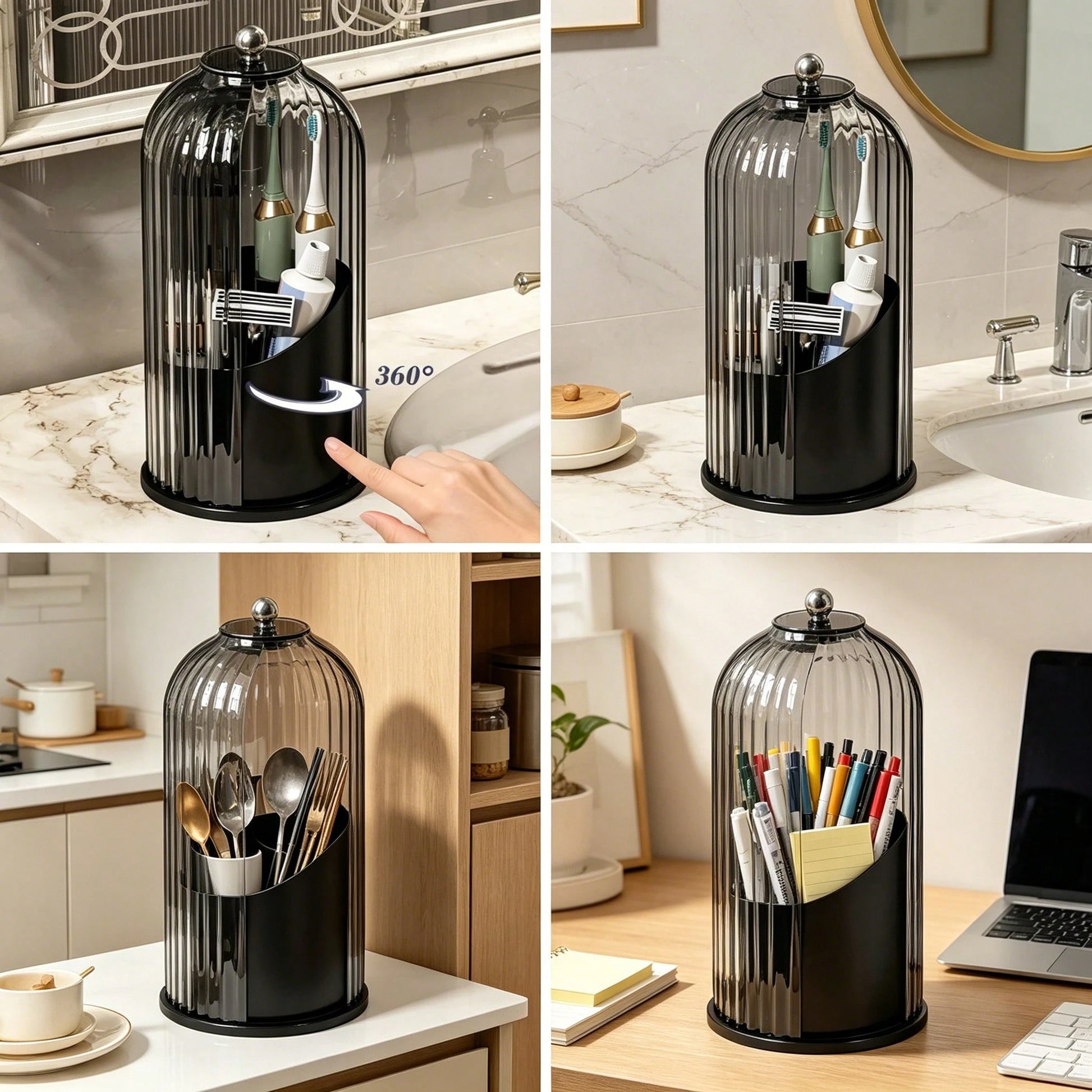 Dustproof Anti-Bacterial Toothbrush Holders With Cover,360° Rotating 3-Slot Organizer For Multi-Person Family Use,Holds Toothbrushes,Toothpaste&Makeup Brushes,Ideal For Bathroom Countertop,Vanity Tabl