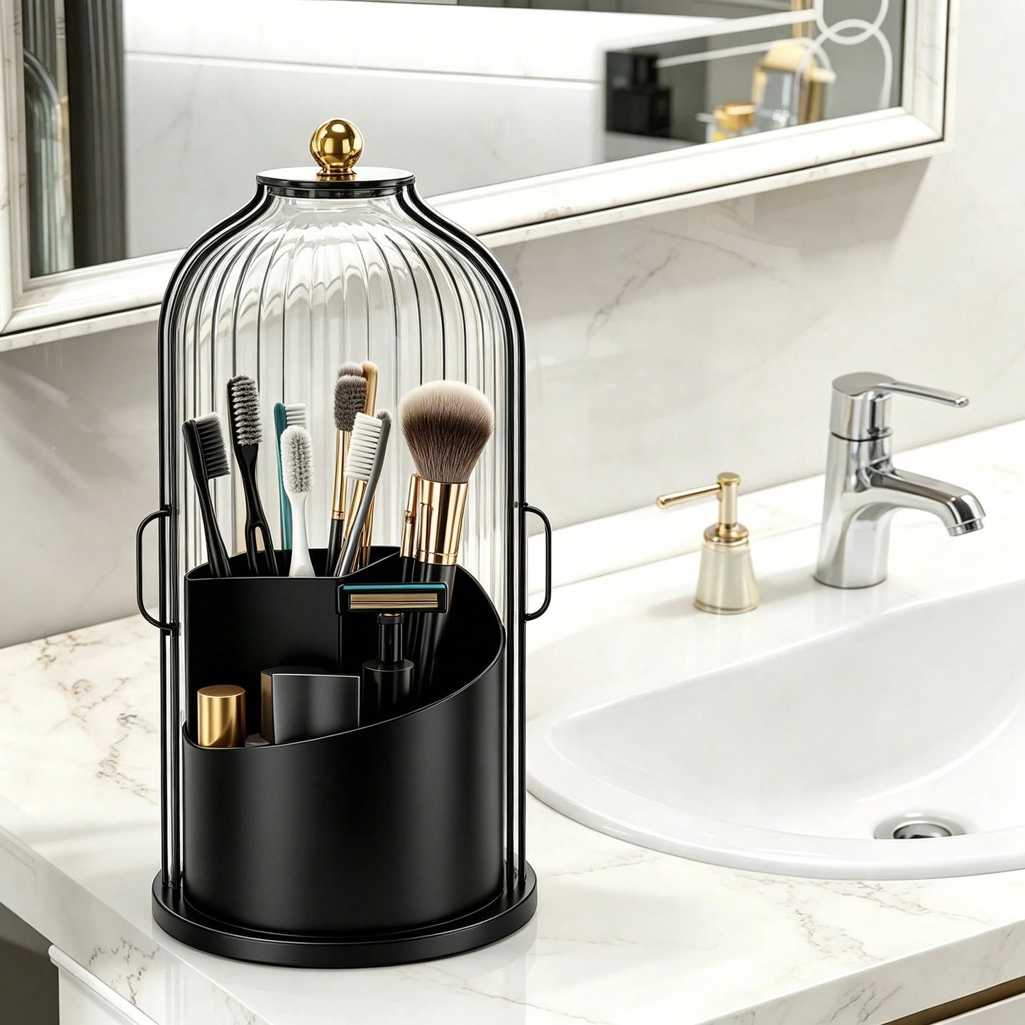 Dustproof Anti-Bacterial Toothbrush Holders With Cover,360° Rotating 3-Slot Organizer For Multi-Person Family Use,Holds Toothbrushes,Toothpaste&Makeup Brushes,Ideal For Bathroom Countertop,Vanity Tabl