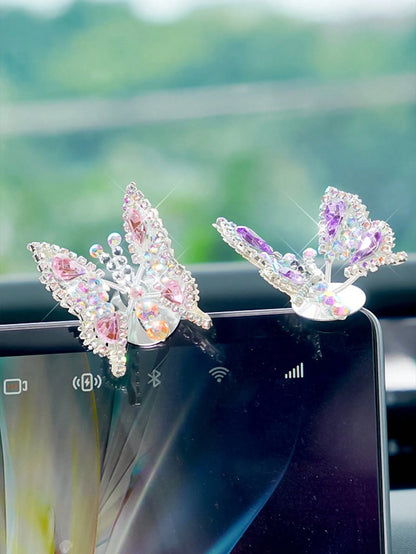 Dynamic Art Moving Butterfly Car Decorations- Diamond-Studded Shiny Universal Design, Featuring Vibrant Purple/Blue/Pink Gems, For Adhesive Installation In Luxury Car Interior Accessories