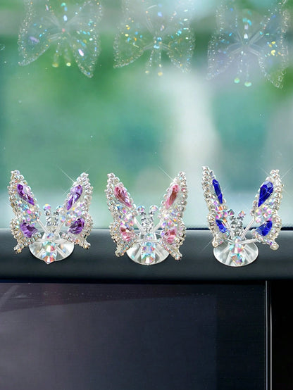Dynamic Art Moving Butterfly Car Decorations- Diamond-Studded Shiny Universal Design, Featuring Vibrant Purple/Blue/Pink Gems, For Adhesive Installation In Luxury Car Interior Accessories