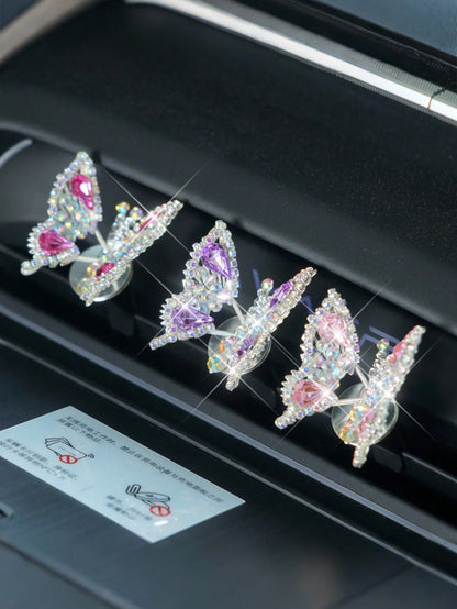Dynamic Art Moving Butterfly Car Decorations- Diamond-Studded Shiny Universal Design, Featuring Vibrant Purple/Blue/Pink Gems, For Adhesive Installation In Luxury Car Interior Accessories
