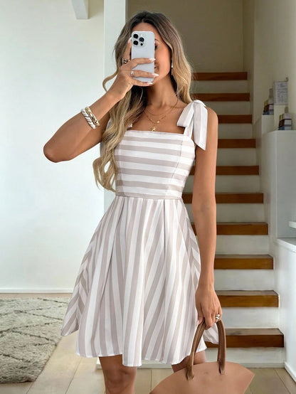 Easowa Women Casual Cute White Tie Front Camisole Dress Sun Dresses For Summer Vacation European Streetwear Flowy Garden Party