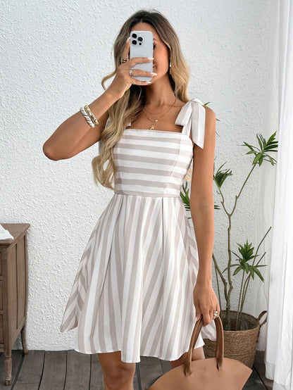 Easowa Women Casual Cute White Tie Front Camisole Dress Sun Dresses For Summer Vacation European Streetwear Flowy Garden Party