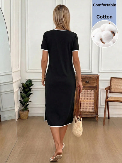 Easowa Women's Trimmed Round Neck Short Sleeve Side Slit Hem Midi Dress Vacation Black And White Checkered Summer Casual Brunch