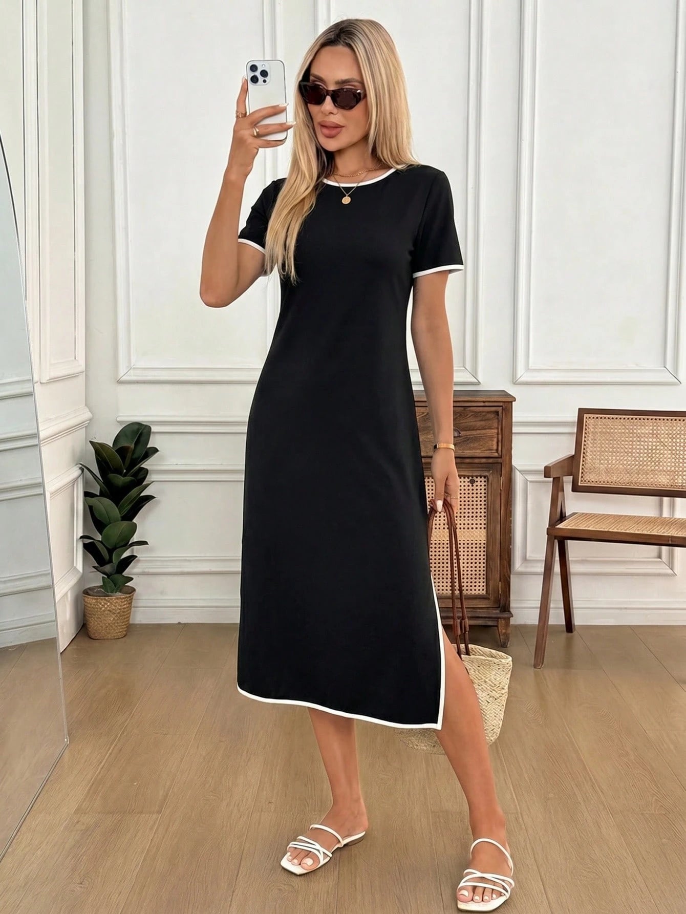 Easowa Women's Trimmed Round Neck Short Sleeve Side Slit Hem Midi Dress Vacation Black And White Checkered Summer Casual Brunch