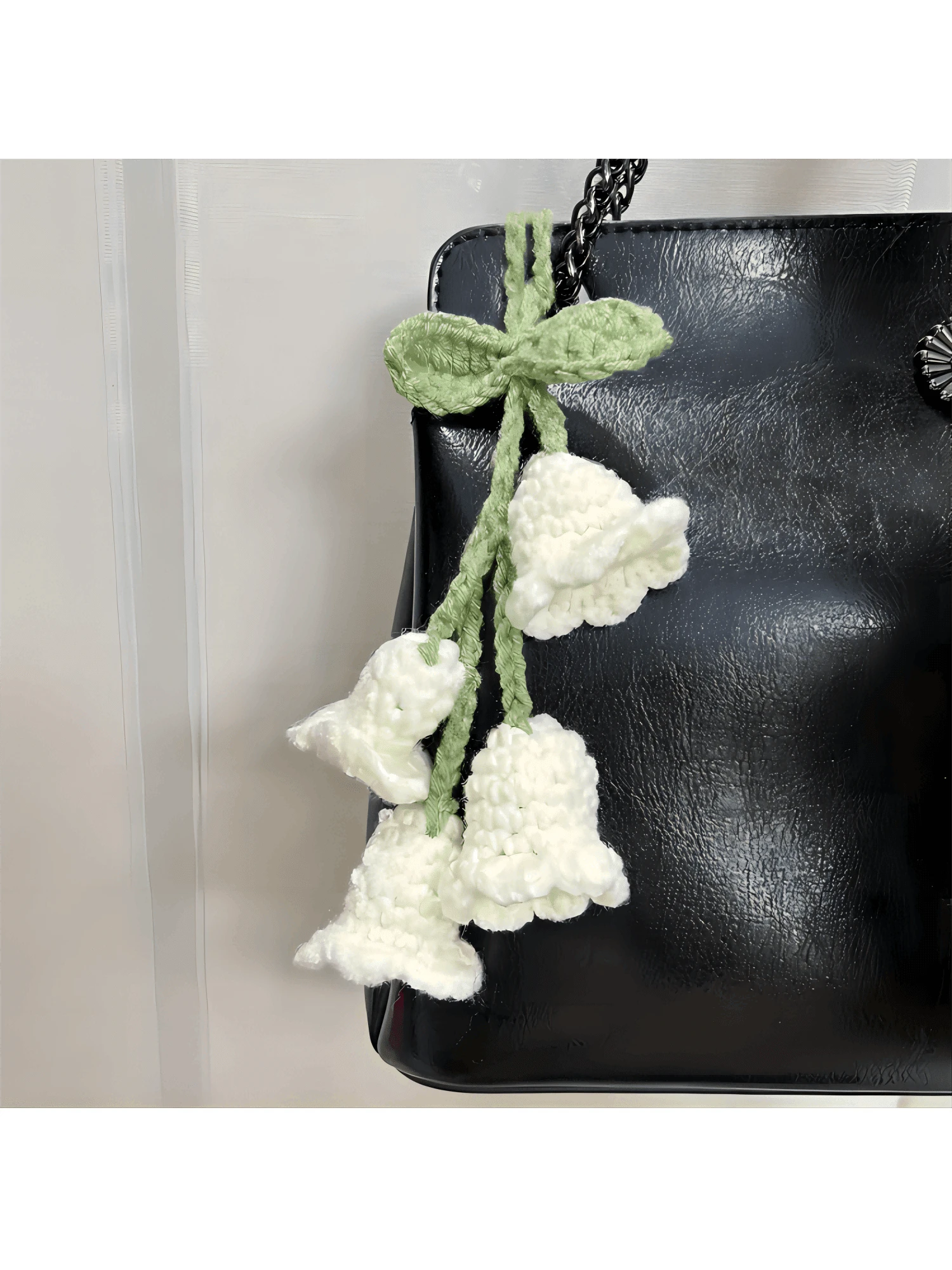 Easypie Selection 1pc Lily Of The Valley Crochet Pendant, Rearview Mirror Hanging Decor, Crochet Flower Car Accessory, Keychain, Bag Charm, White (Includes 4 Small Flowers)