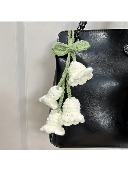 Easypie Selection 1pc Lily Of The Valley Crochet Pendant, Rearview Mirror Hanging Decor, Crochet Flower Car Accessory, Keychain, Bag Charm, White (Includes 4 Small Flowers)