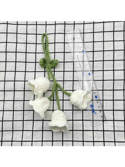 Easypie Selection 1pc Lily Of The Valley Crochet Pendant, Rearview Mirror Hanging Decor, Crochet Flower Car Accessory, Keychain, Bag Charm, White (Includes 4 Small Flowers)