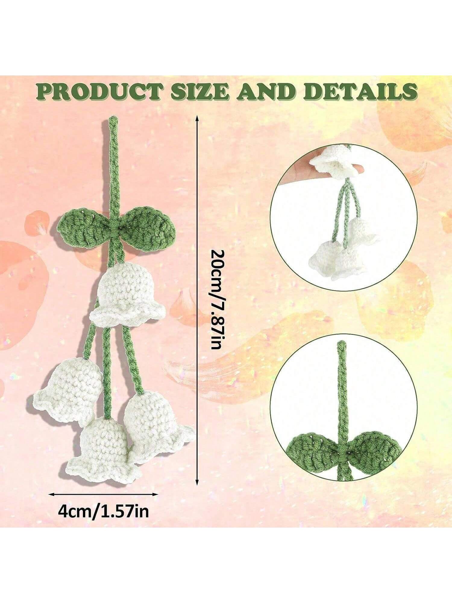 Easypie Selection 1pc Lily Of The Valley Crochet Pendant, Rearview Mirror Hanging Decor, Crochet Flower Car Accessory, Keychain, Bag Charm, White (Includes 4 Small Flowers)