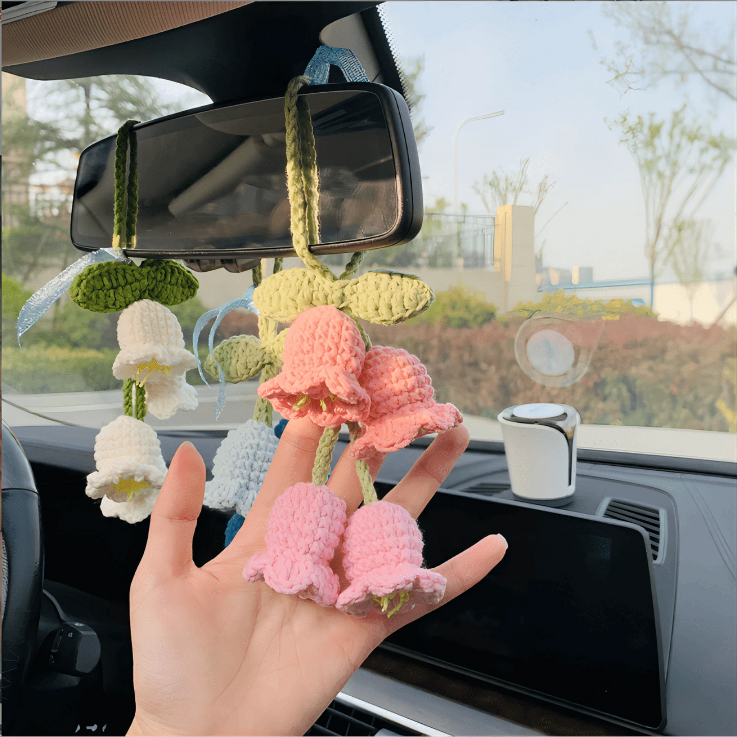 Easypie Selection 1pc Lily Of The Valley Crochet Pendant, Rearview Mirror Hanging Decor, Crochet Flower Car Accessory, Keychain, Bag Charm, White (Includes 4 Small Flowers)