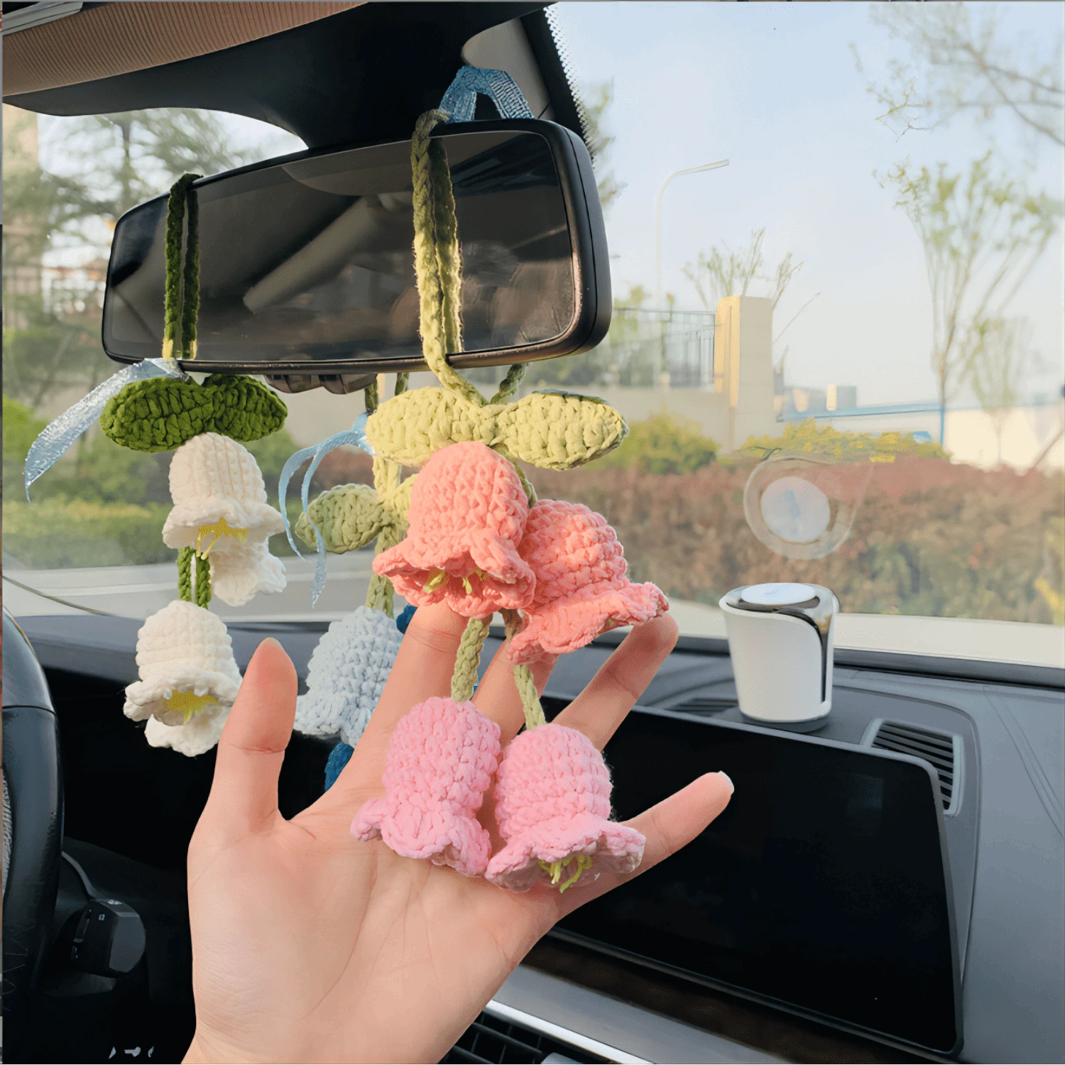 Easypie Selection 1pc Lily Of The Valley Crochet Pendant, Rearview Mirror Hanging Decor, Crochet Flower Car Accessory, Keychain, Bag Charm, White (Includes 4 Small Flowers)
