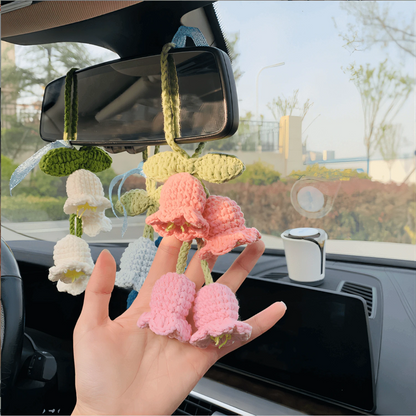 Easypie Selection 1pc Lily Of The Valley Crochet Pendant, Rearview Mirror Hanging Decor, Crochet Flower Car Accessory, Keychain, Bag Charm, White (Includes 4 Small Flowers)